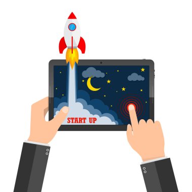 Uzay aracı tablet ekran dışında çöker. Vektör çizim. İş start-up kavramı.