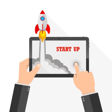 Uzay aracı tablet ekran dışında çöker. Vektör çizim. İş start-up kavramı.