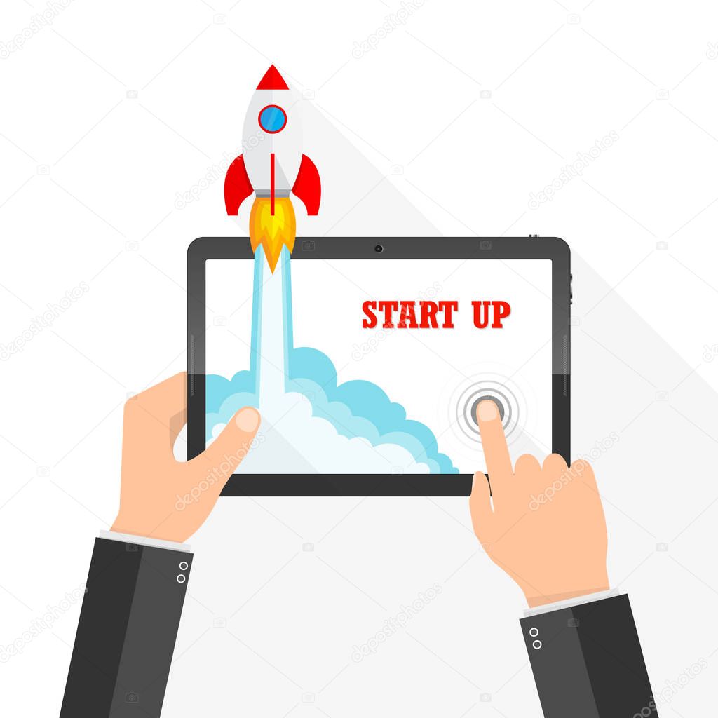 The spacecraft crashes outside tablet screen. Vector illustration. Concept of business start-up.
