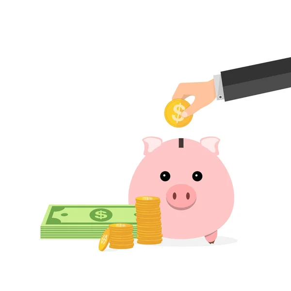 Piggy bank and hand with coin. Vector illustration. — Stock Vector