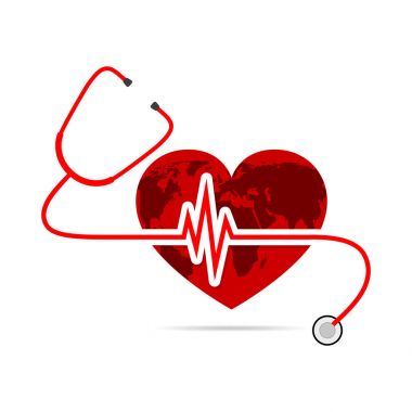 Dünya Dünya stetoskop ve kalp atışı işareti. Vektör çizim