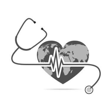 Dünya Dünya stetoskop ve kalp atışı işareti. Vektör çizim