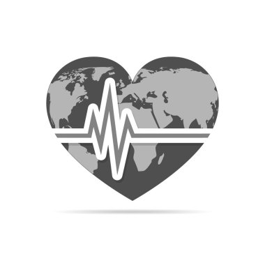 Kalp kalp atışı simgesi ve dünya harita ile. Vektör çizim.