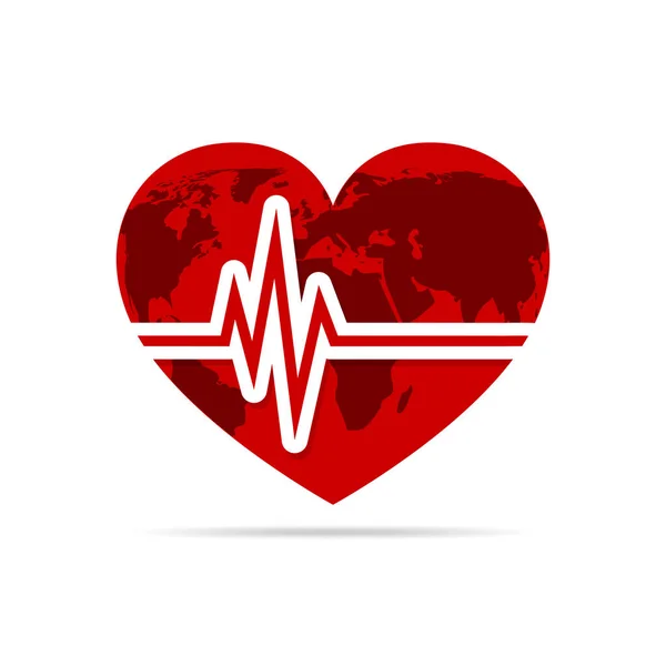 Coração com ícone de batimento cardíaco e mapa do mundo. Ilustração vetorial . —  Vetores de Stock