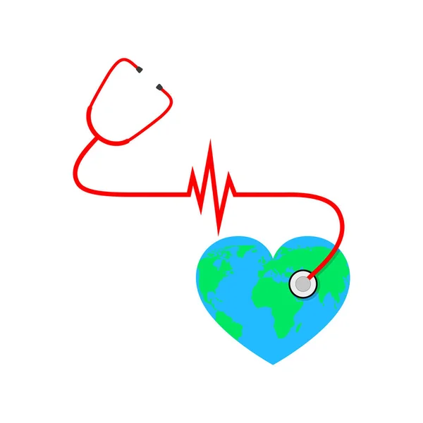 Globo Terra com estetoscópio e sinal de batimento cardíaco. Ilustração vetorial —  Vetores de Stock