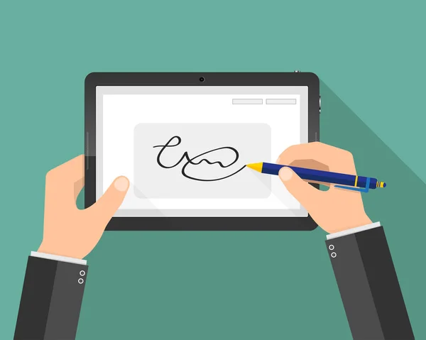 Tablet modern el yazısı dijital imza. Vektör çizim — Stok Vektör