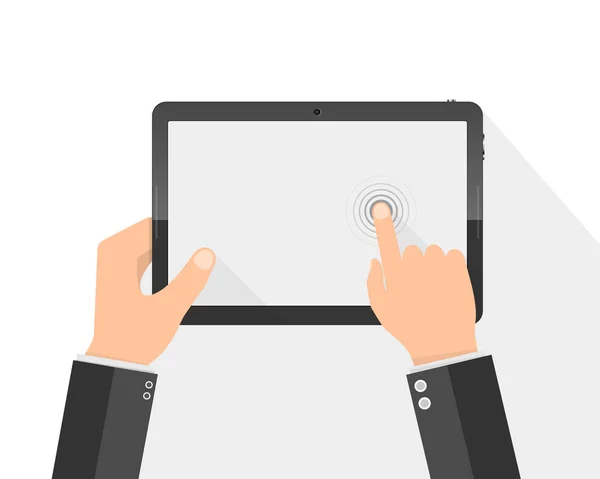 PC tablet moderno com tela em branco nas mãos. Ilustração vetorial — Vetor de Stock