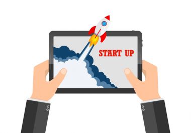 Uzay aracı tablet ekran dışında çöker. Vektör çizim. İş start-up kavramı.