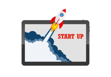 Uzay aracı ve tablet - iş start-up kavramı. Vektör çizim
