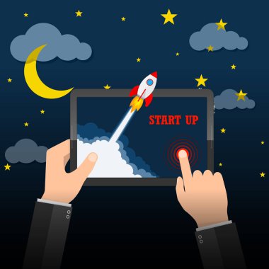 Uzay aracı tablet ekran dışında çöker. Vektör çizim. İş start-up kavramı.