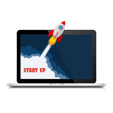 Uzay aracı ve laptop - iş start-up kavramı. Vektör çizim.