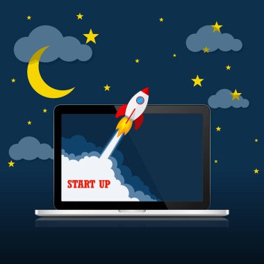 Uzay aracı ve laptop - iş start-up kavramı. Vektör çizim.