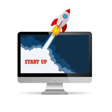 Uzay aracı ve monitör - iş start-up kavramı. Vektör çizim.