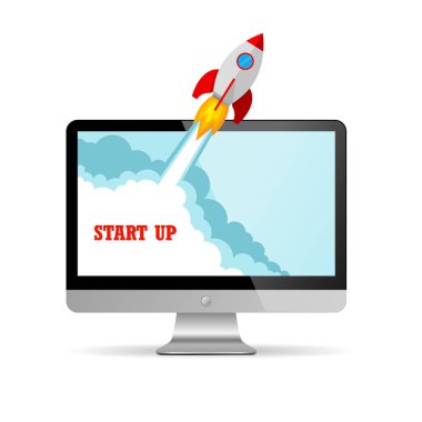 Uzay aracı ve monitör - iş start-up kavramı. Vektör çizim.