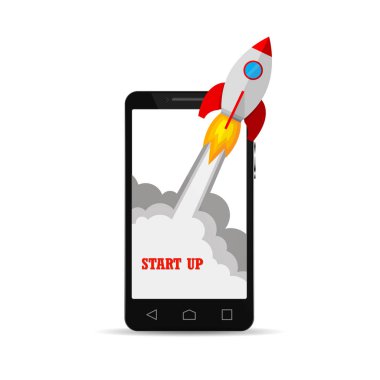 Uzay aracı smartphone ekran dışında çöker. Vektör çizim. İş start-up kavramı.