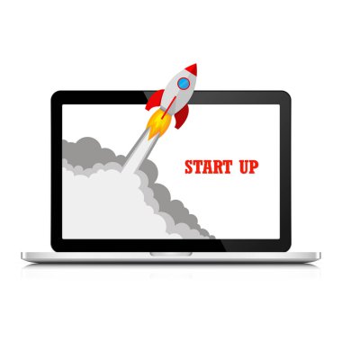 Uzay aracı ve laptop - iş start-up kavramı. Vektör çizim.