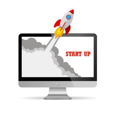 Uzay aracı ve monitör - iş start-up kavramı. Vektör çizim.