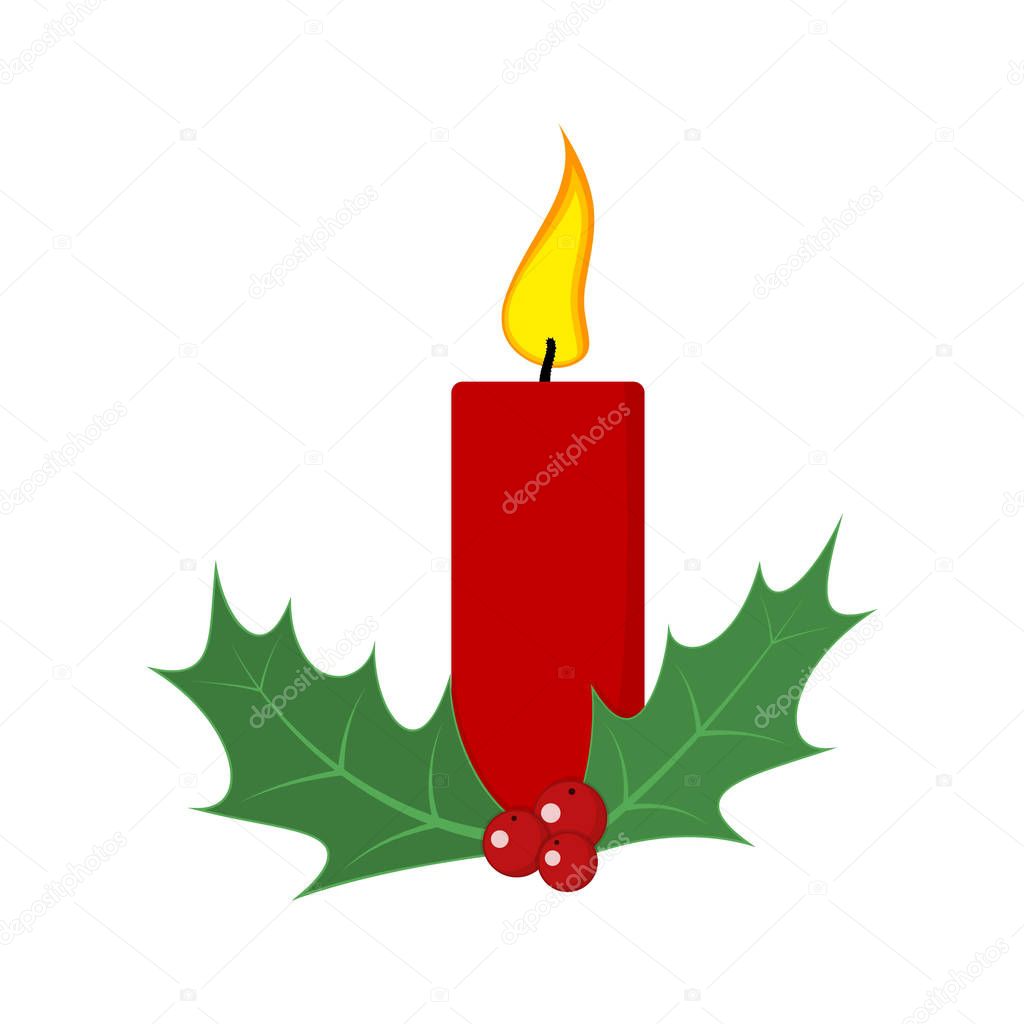 Christmas candle with holly berries. Vector illustration