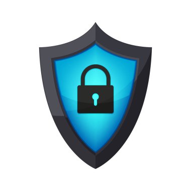 Asma kilit simgesi ile kalkan. Vektör çizim