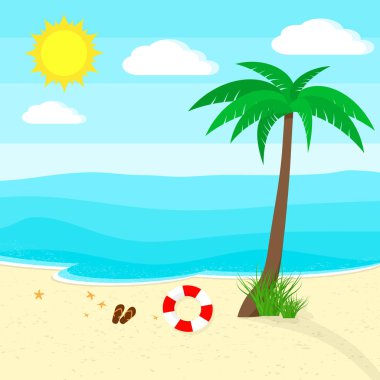 Okyanus ve plaj. Vektör çizim. Seyahat ya da tatil kavramı