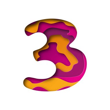 Üç numara, kağıt kesme. Vektör çizim.