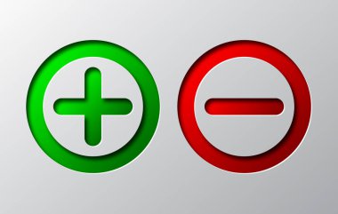 Kırmızı eksi ve artı yeşil kağıt sanatı. Vektör çizim.