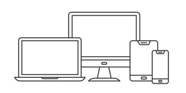 Doğrusal aygıt simgeleri kümesi. Taslak aygıt simgeleri. İnce çizgi biçiminde vektör illüstrasyonu.