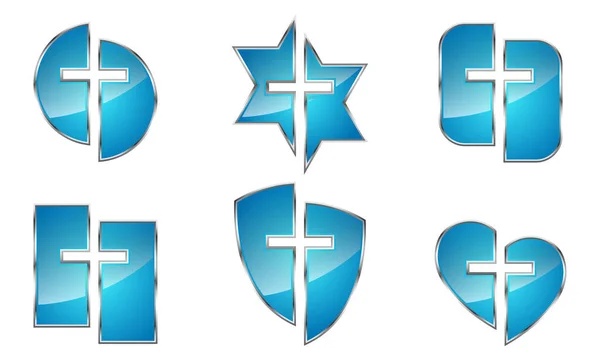Conjunto de símbolos cristianos brillantes azules - vector . — Vector de stock