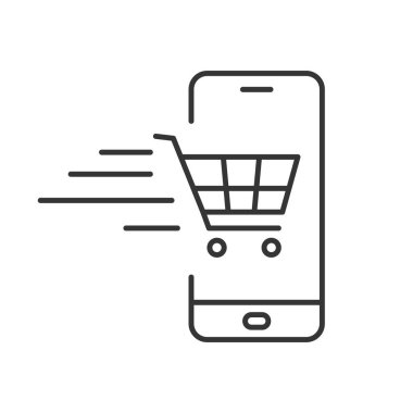 Düz çizgide alışveriş arabası olan bir telefon ikonu. Telefon hattı simgesi. Vektör illüstrasyonu.