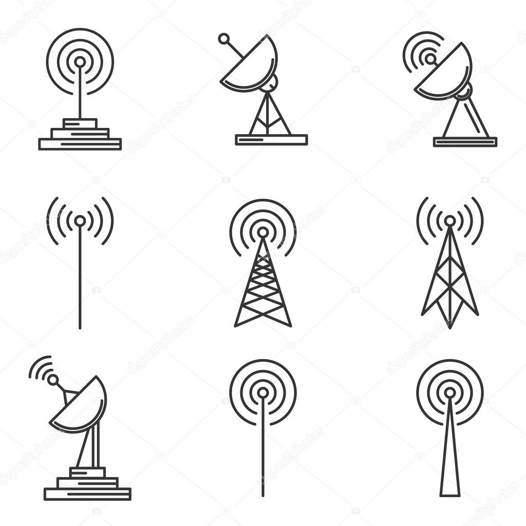 Antenna icons set. Linear antenna icons isolated. Set of Wireless tower icons. Vector illustration.