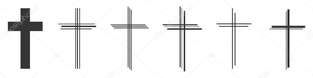 Christian Cross vector icons. Set of Christian Crosses on white background. Vector illustration. Various black Christian Crosses.