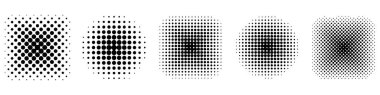 Yarım ton etkisi tasarım elementleri. Siyah yarım ton efekt şekilleri. Noktalı daireler. Vektör illüstrasyonu.