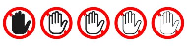 Hand forbidden signs. Set of blocking signs with hand icon. Vector illustration. Stop sign. No entry sign isolated. clipart