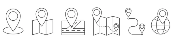 線形設計でマップアイコン 地図アイコン上の場所のセット 地図ポインタアイコン Gps位置アウトラインアイコンを隔離 ベクターイラスト — ストックベクタ