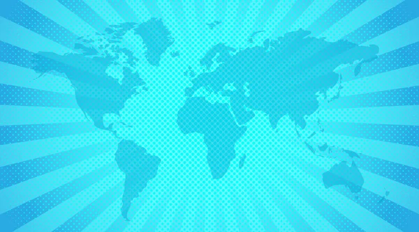 Carte Monde Fond Bleu Vif Avec Carte Monde Rayons Soleil — Image vectorielle