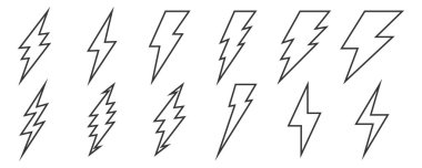 Bir dizi Şimşek ana hatları simgesi. Vektör yıldırımları. Doğrusal Işıklandırma simgeleri izole edildi.