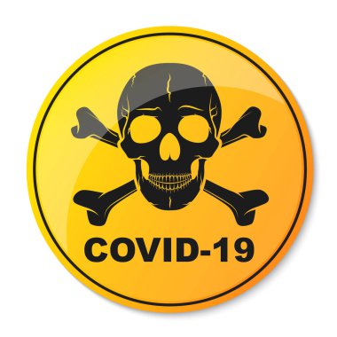 Covid-19 uyarı sembolü. Kafatası ile Coronavirus tehlike işareti. Salgın koronavirüs konsepti. Vektör illüstrasyonu.