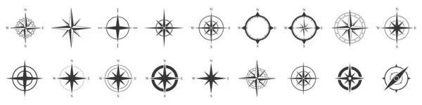 Kompasové Ikony Nastaveny Ikony Černého Kompasu Izolovány Vektorová Ilustrace — Stockový vektor