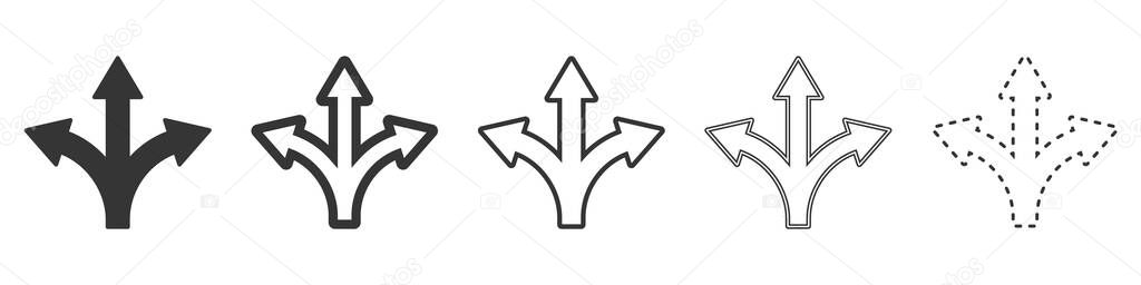 Three-way direction arrows. Set of three-way arrows on white background. Vector illustration. Various black arrows.