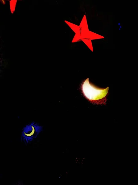 Imaginary moon and star on dark sky. Concept for Holidays, dream, fantasy, love, wedding, couples or unique creations work. Vintage, joy, dim, dream, imagination. Double images.