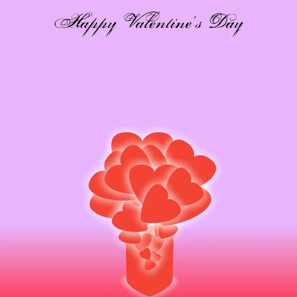 透明な背の高いガラスから赤いハートが飛び出し 上にハッピーバレンタインデーのタイポグラフィと 薄い紫と赤の色の背景があります カップル 人類を祝う日のために — ストック写真
