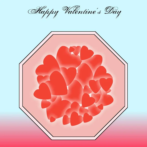 上にハッピーバレンタインデーのタイポグラフィと八角形のボウルや8つの角度で赤の心と明るい緑と赤の色の背景 カップル 人類を祝う日のために — ストック写真