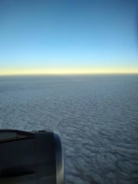 Jet Engine Seen Plane Window While Flying Clouds Dawn — 스톡 사진