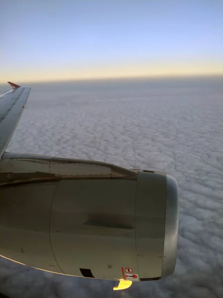 Jet Engine Wing Seen Airplane Window Flight Clouds — 스톡 사진