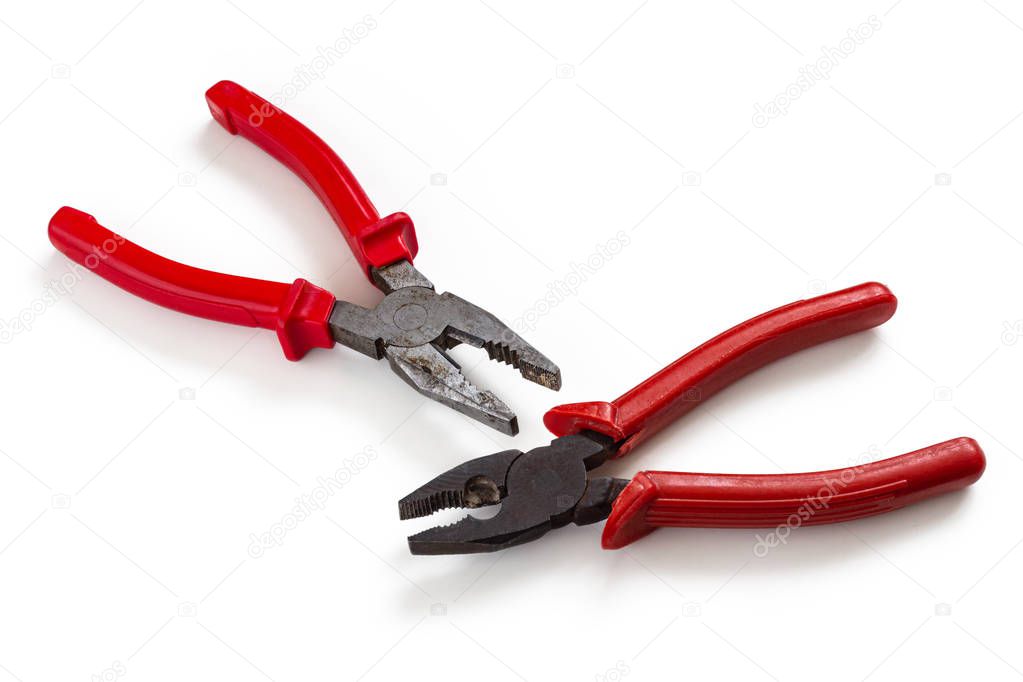 Two pliers with red insulating handles, on a white background