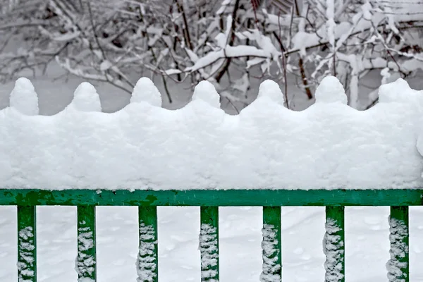 Schneebedeckter grüner Zaun — Stockfoto