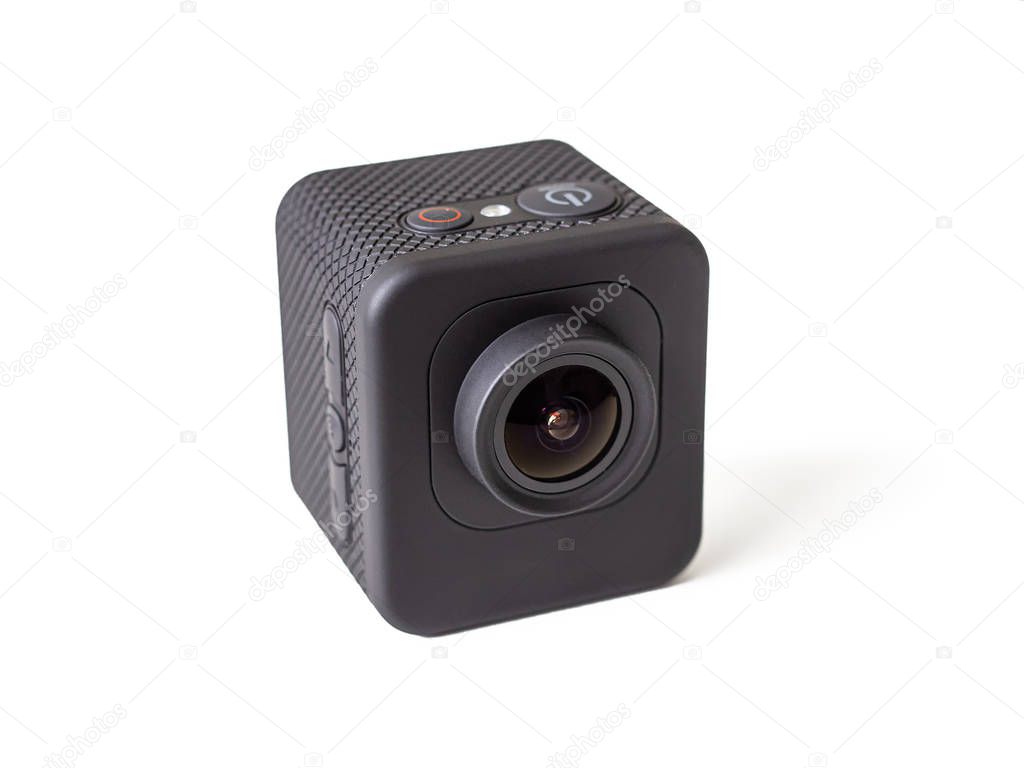 Little digital action camera on a white background