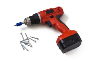 Cordless screwdriver or electric drill and black screws 