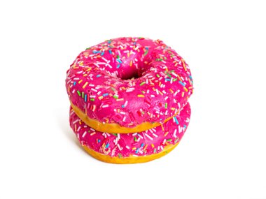 Two pink doughnuts with strawberry icing