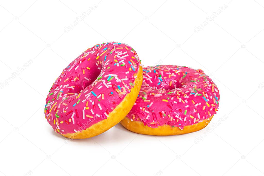 Bright glazed doughnuts with strawberry frosting